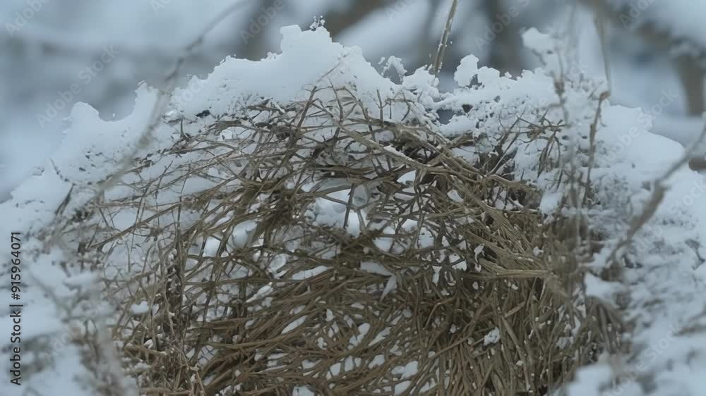 Leinwandbilder closeup of a birds nest covered in a thin layer of snow with the delicate flakes starting to melt an