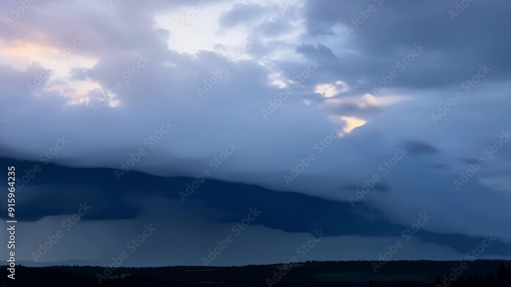 Poster A timelapse sequence of dark brooding clouds inching their way across the sky obscuring the sun in their wake.
