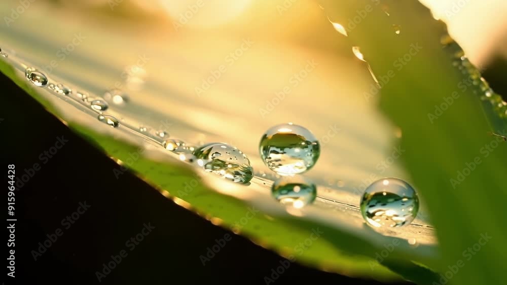 Poster Filmed from a unique angle we watch as multiple water droplets form and pool together on a sy plant leaf glistening in the sunlight.