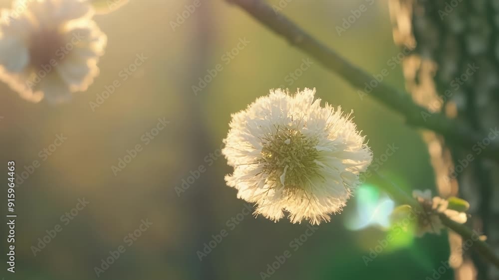 Leinwandbilder small fuzzy buds bursting open on a tree branch creating a beautiful contrast against the dark bark.