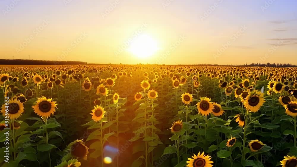 Poster A timelapse shot of a sunflower field with the flowers continuously moving and turning throughout the day each one following the suns journey across the sky.