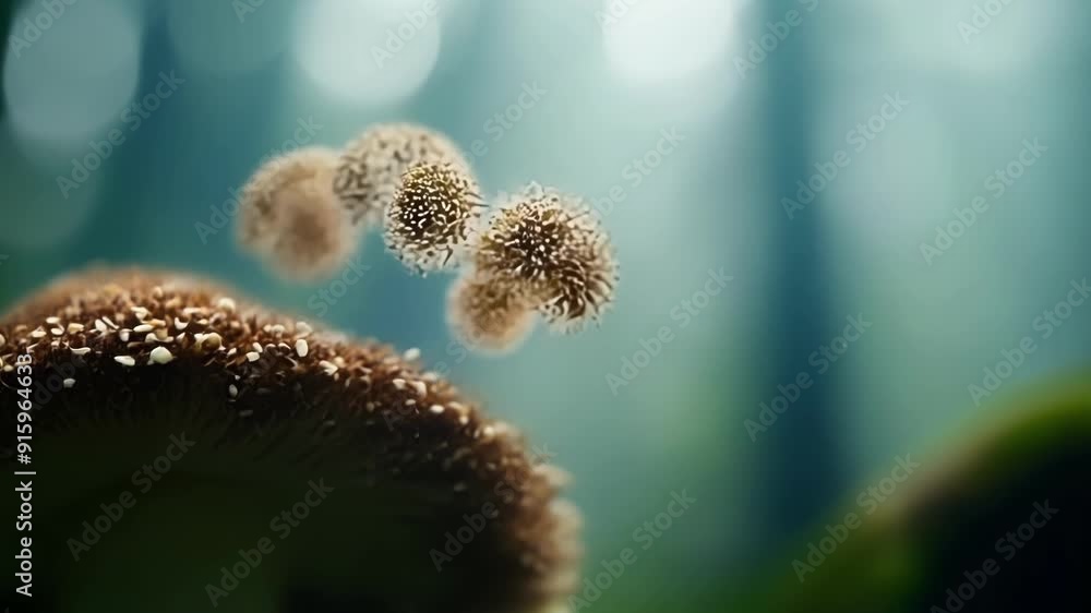 Poster slow motion footage of spores being released from a mushroom and drifting away into the air a sign o