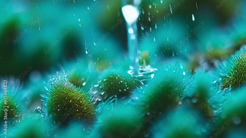 Poster slowmotion footage of a raindrop dripping onto a carpet of fuzzy bluegreen lichens showcasing their 