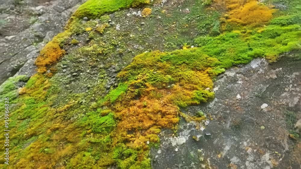 Poster a timelapse of a dull grey rock slowly being transformed into a colorful canvas of green yellow and 