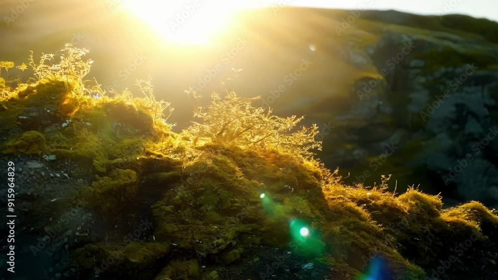 Poster a cinematic shot of sunlight filtering through a dense layer of lichen casting a warm and otherworld