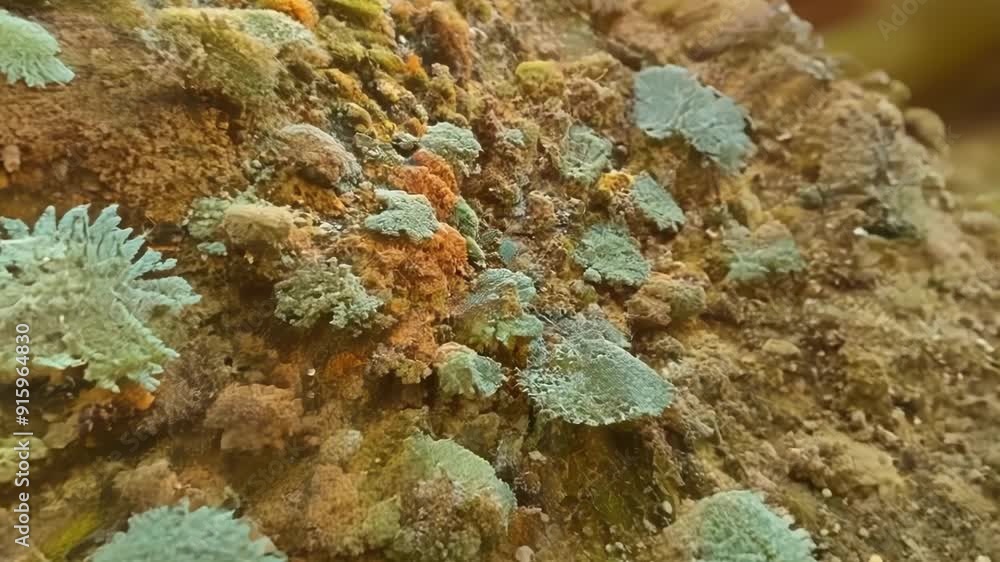 Poster A closeup of a diverse community of lichens each with their own unique shape size and color thriving together on a sunwarmed rock.