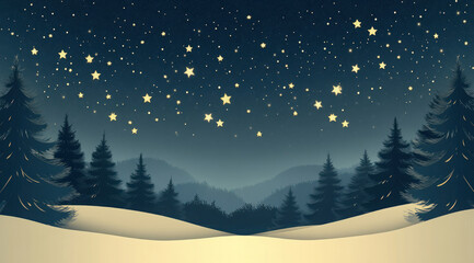 Naklejka premium Winter Christmas and New Year's Eve background with starry night sky and Christmas trees in the background. Banner. Monochrome blue and yellow illustration. Copy space