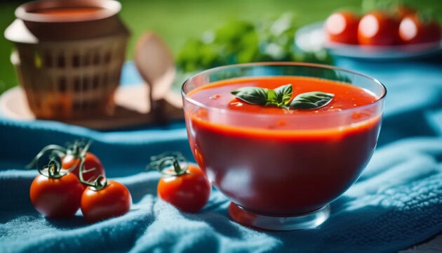 Gazpacho with basil on blanket in garden, aif
