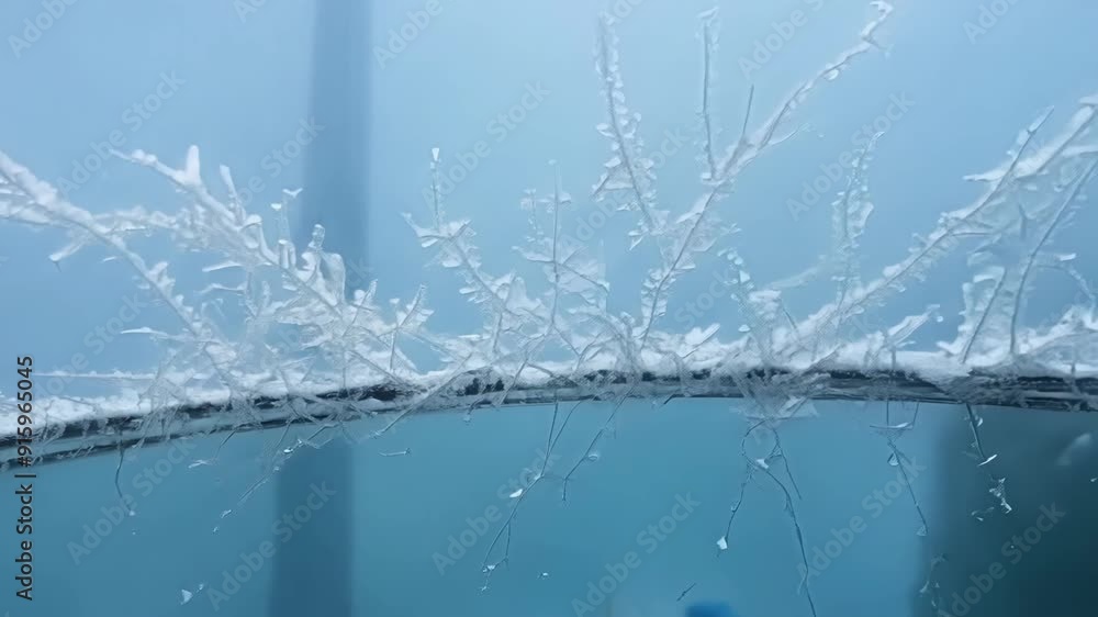 Poster A detailed view of frost covering the corners of a window with tiny spikes forming like a frosty crown.