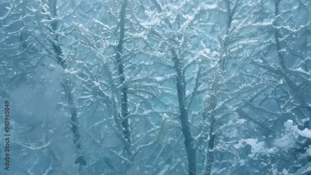 Poster a closeup of frost accumulating on the window giving the illusion of a winter forest with frosted tr