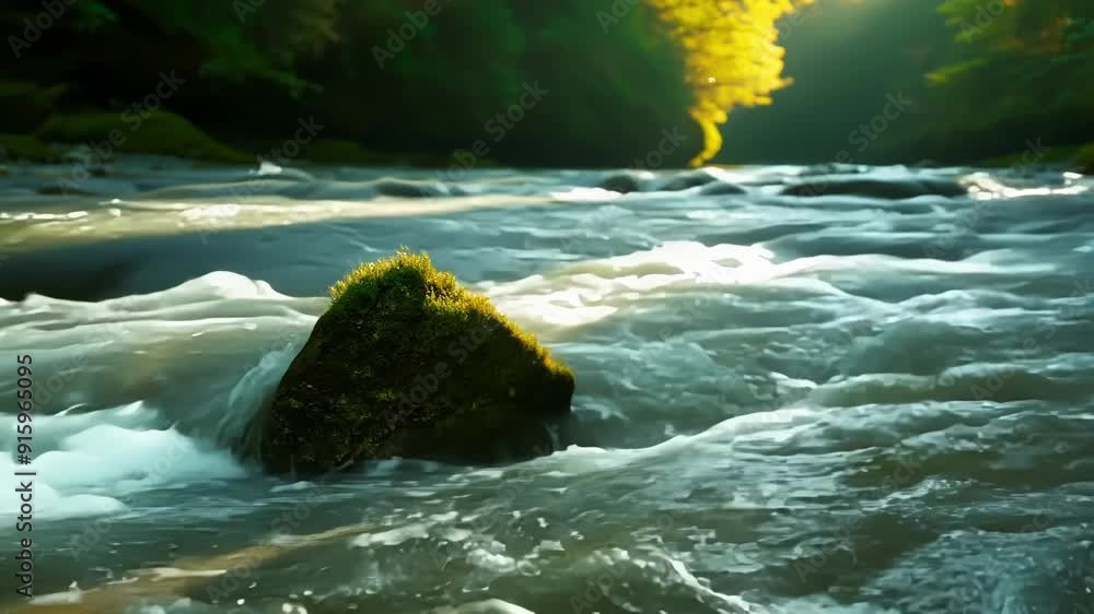 Poster a shot of a small rock in the river slowly being submerged as the water level increases and the curr