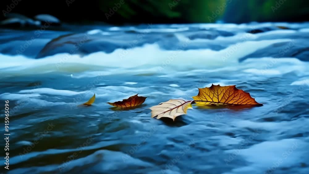 Poster closeup footage of a of leaves being swept away by the fastmoving river as the water level rises hig