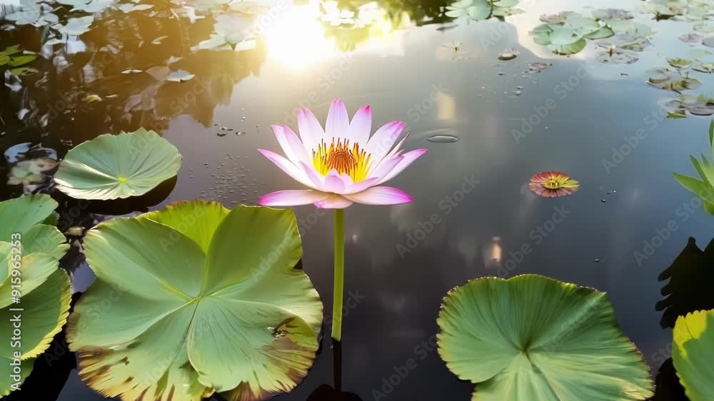 Poster An array of different colored water lilies in a tranquil sundappled pond each one gradually opening up to create a picturesque scene.