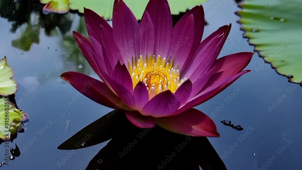 Aufkleber a single deep red water lily slowly coming to life its petals opening to unveil a striking burst of 