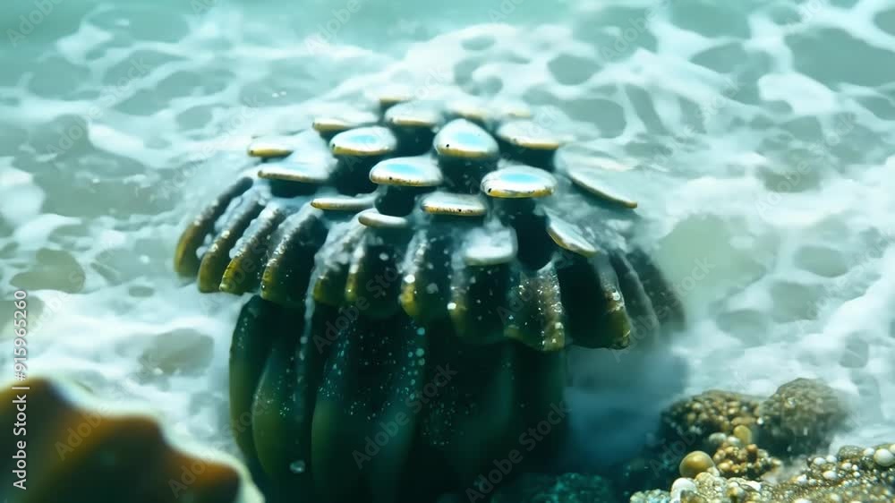 Poster extreme closeup of a barnacle closing its plates rapidly as a wave crashes against it protecting its