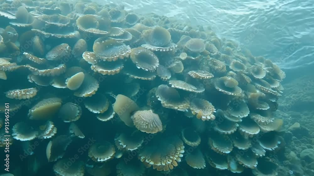 Poster Slowmotion footage of a large group of barnacles rapidly closing their plates in unison as the tide starts to go out creating a mesmerizing dancelike effect.