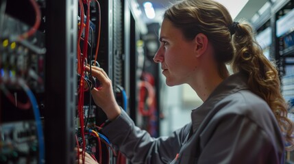 Fototapeta premium Woman, cable, and engineer investigate cloud computing in server room. IT, wire and technician in data center, networking in maintenance, or system admin cybersecurity