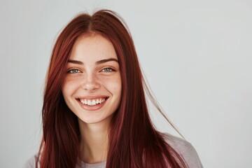 Naklejka premium Beauty, health, and cheerful woman with healthy hairstyle, premium salon treatment, and color on white backdrop. Salon hairstyle and smiling Brazilian model in studio.