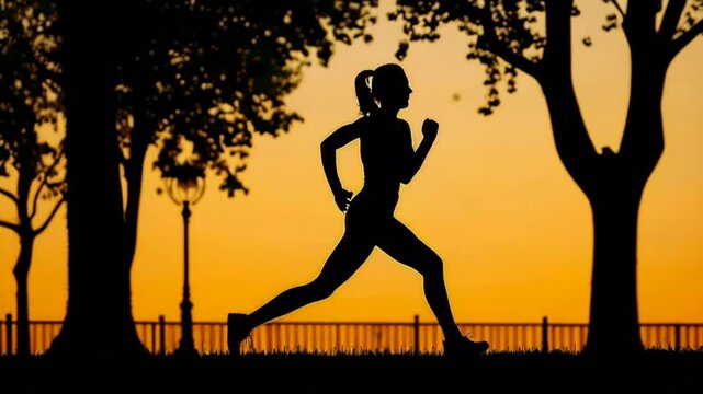Black Silhouette Of Strong Woman Running Fast Alone In Empty Evening Park Video