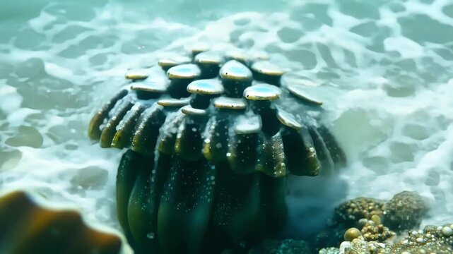 Extreme closeup of a barnacle closing its plates rapidly as a wave crashes against it protecting its sensitive inner body from the force of the water.
