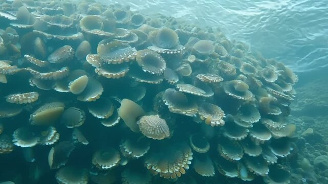 Slowmotion footage of a large group of barnacles rapidly closing their plates in unison as the tide starts to go out creating a mesmerizing dancelike effect.