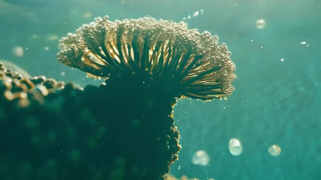 Closeup of a barnacle using its feathery tentacles to capture plankton and other small organisms as it feeds taking advantage of the nutrientrich waters brought in by the tide.