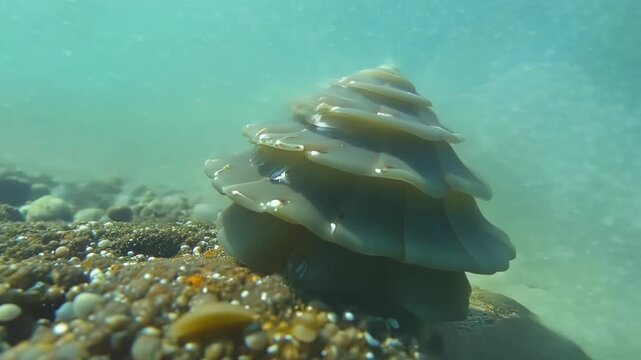 Closeup of a barnacle closed tightly using its strong adhesive power to withstand the powerful currents and remain attached to its home on a rocky surface despite the changing