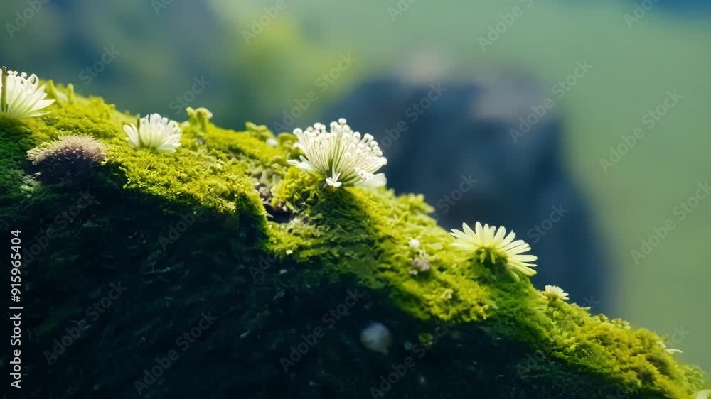 Poster zoomedin view of a rocky outcropping covered in a carpet of deep green moss with delicate flowerlike