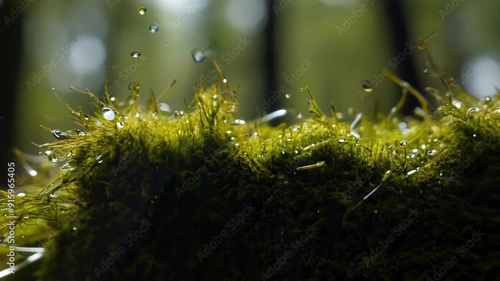 Poster slow motion footage of droplets of water caught in the lush fluffy tendrils of moss as it spreads ac