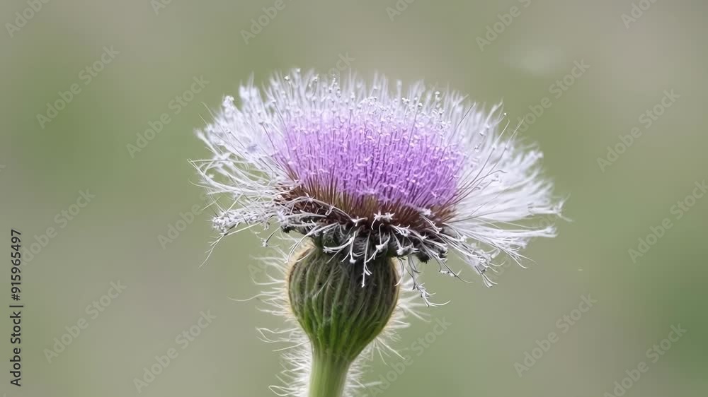 Poster Timelapse footage of a thistle flower transforming into a spiky seed head with each individual seed gradually dispersing into the air.