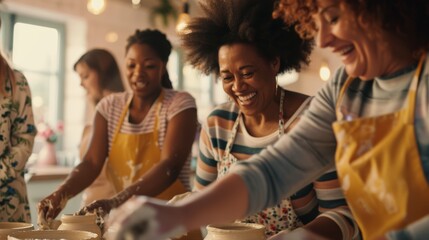 Happy people, pottery classes, and women workshops design sculpture molds, clay products, and art. Artist or studio group molding, diversity, ceramic retail store or startup small company owner