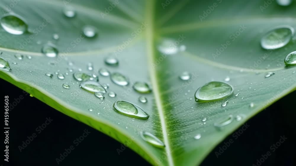Poster droplets of rain hitting a leaf rolling off its edges and disappearing leaving behind a shiny surfac