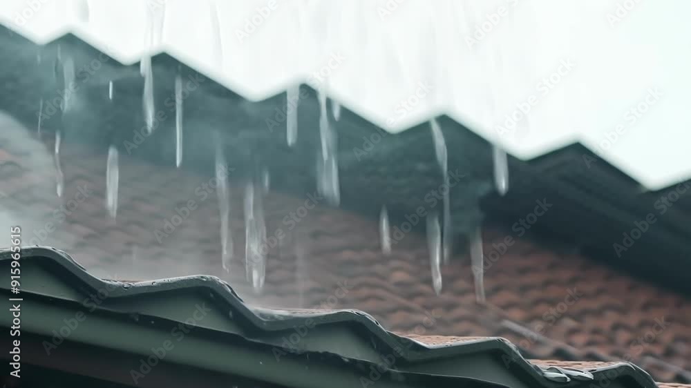 Poster A closeup of rain dripping and evaporating from a rooftop the sound of each drop echoing in the quiet surroundings.