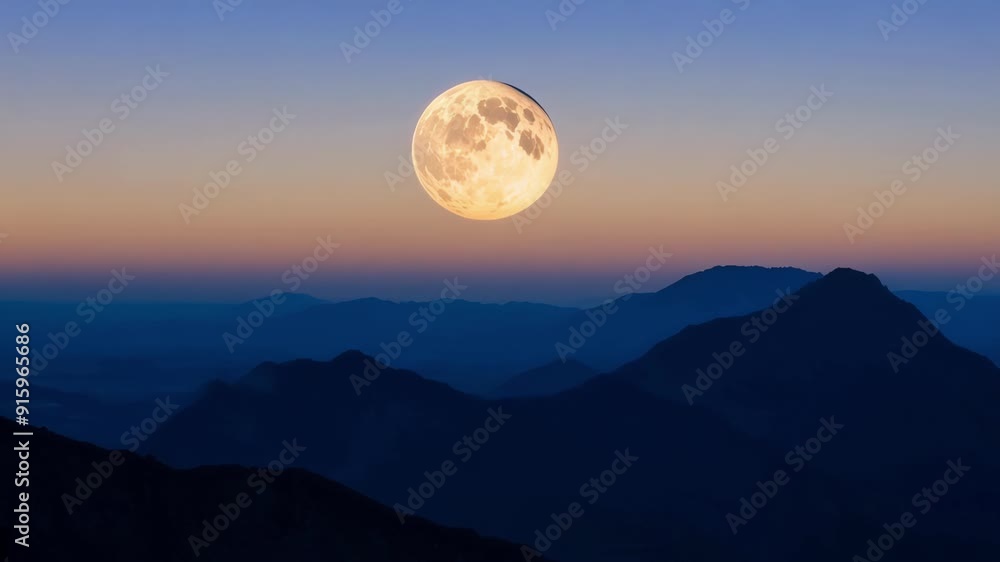 Poster The camera zooms in on the moon slowly setting behind a mountain range while in the distance the first hints of sunlight begin to appear on the horizon.