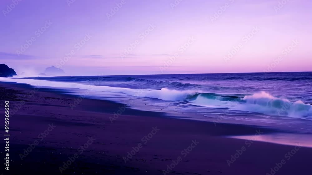 Poster a timelapse of the ocean with the waves crashing against the shore as the sky begins to lighten reve