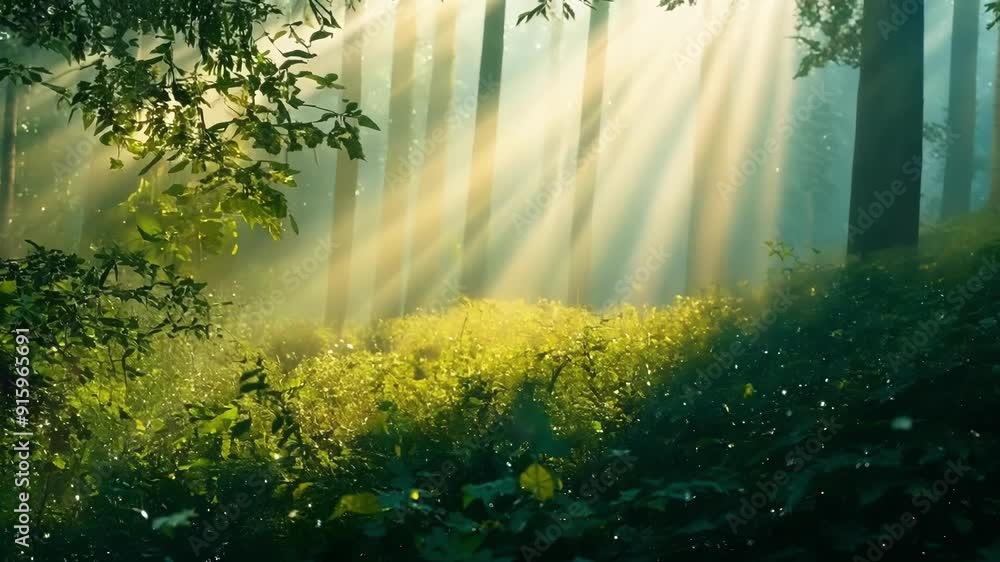 Aufkleber The camera captures the first rays of sunlight breaking through a dense forest illuminating the dew drops on the leaves and creating a magical ethereal scene.