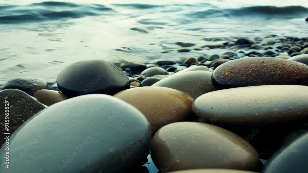 Poster a closeup of a rocky shoreline reveals smooth rounded pebbles that have been shaped by the constant 