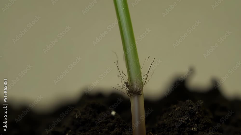 Poster Slow motion footage of a single root tip elongating and pushing through the soil its tiny hairs clearly visible as it explores its surroundings.