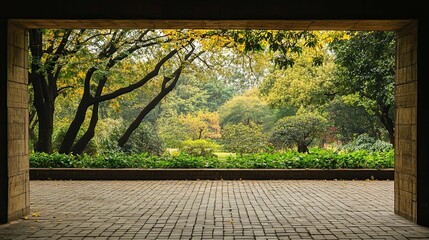 Autumn park scene with a bench surrounded by trees and grass