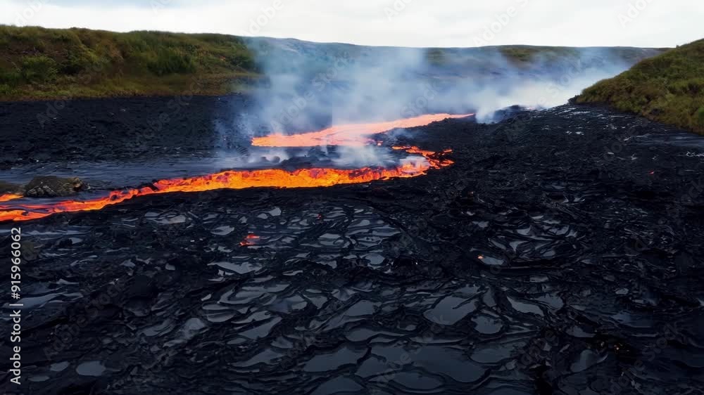 Poster In a timelapse shot the lava flow can be seen gradually cooling and solidifying over the course of several hours forming a hardened river of orange and black.