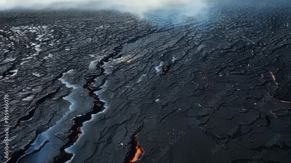 Poster From different angles cracks and fissures can be seen forming on the surface of the hardened lava as it continues to cool and contract.