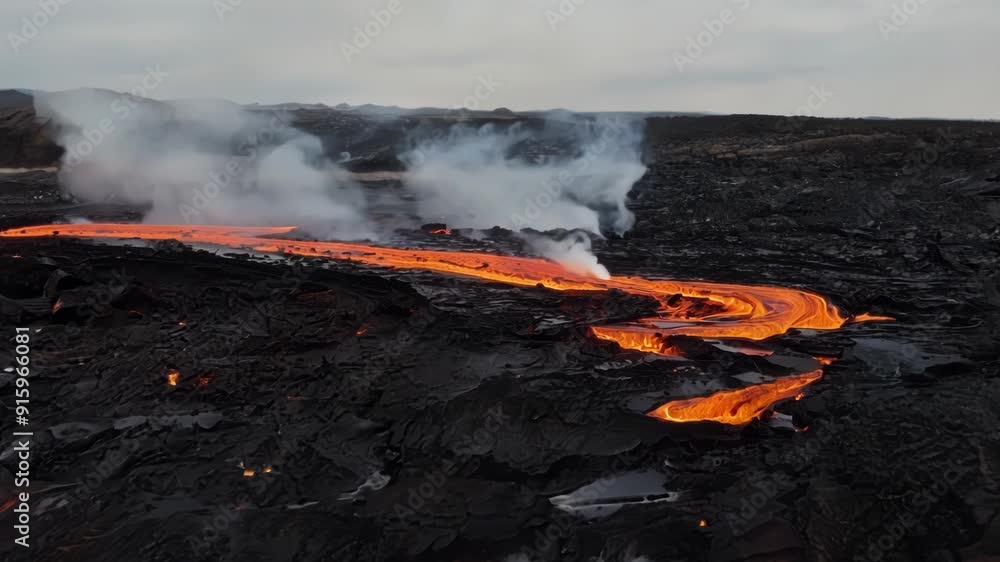Leinwandbilder A small stream of lava continues to flow on top of the hardened lava creating a stark contrast between the molten and solid forms as it slowly cools and hardens.