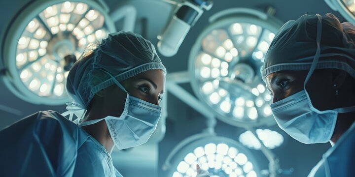 Hospital, doctors, and surgery tie mask in operating room for service, preparation, and operation. Hospital staff, safety scrubs, and emergency, procedure, and protection uniforms