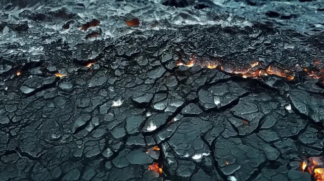 A closer look reveals intricate patterns and textures on the hardened lava resembling cracked earth or the scales of a dragons skin.