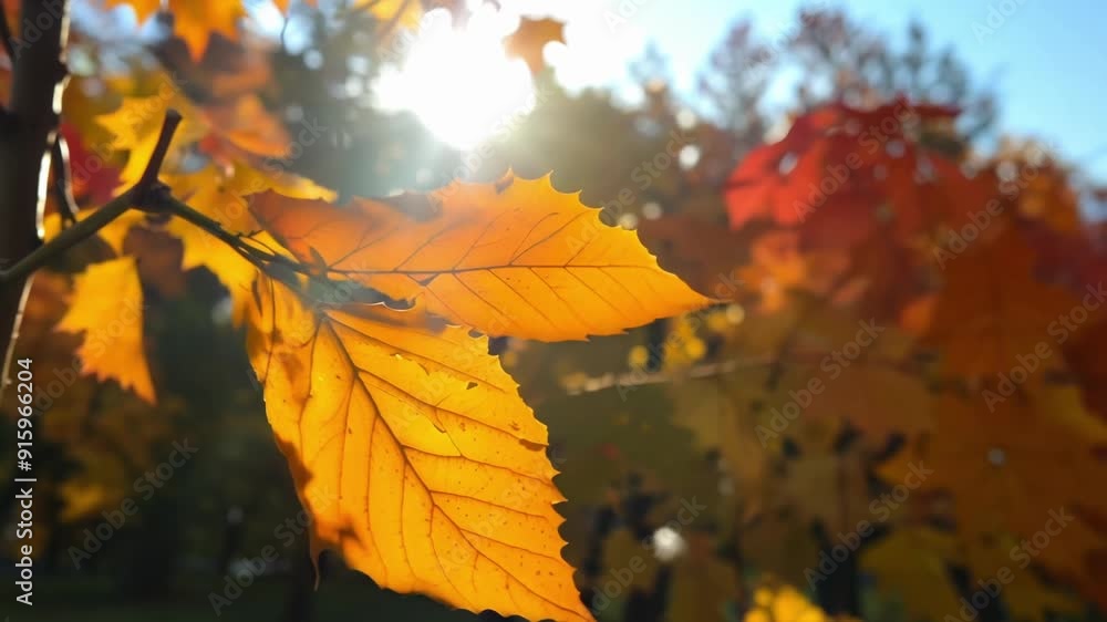 Poster one lone leaf dances on a tree branch showcasing its deep orange color and the surrounding foliage t
