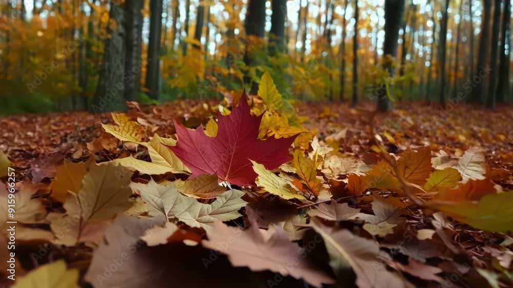 Poster the camera pans over a forest floor blanketed in fallen leaves highlighting the diverse range of col