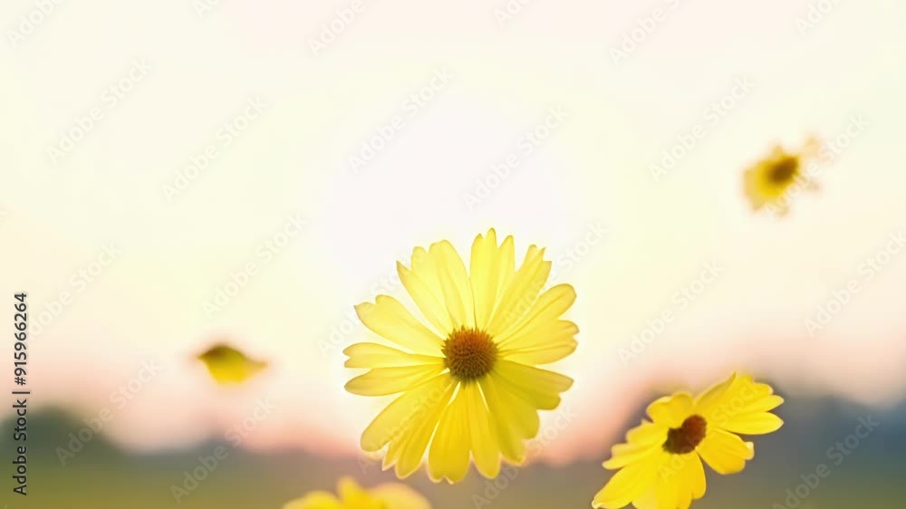Poster bright yellow petals falling from a daisy each one twirling and spinning like a tiny dancer before s