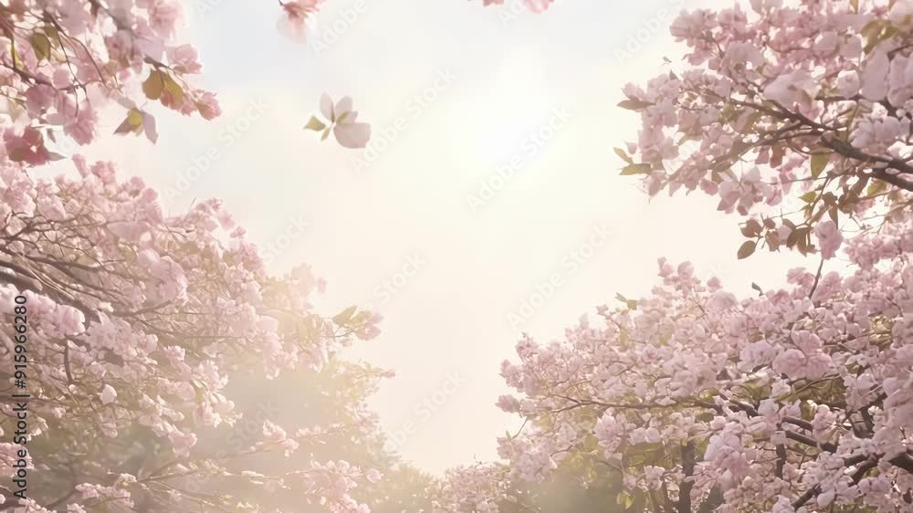 Poster a of cherry blossom petals cascading down from a tree creating a mesmerizing rain of soft pink petal