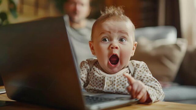 Surprise, shock, strong emotion, delight, a baby saw something amazing on laptop screen, his eyes widened, his mouth opened, pacifier fell out, technological progress