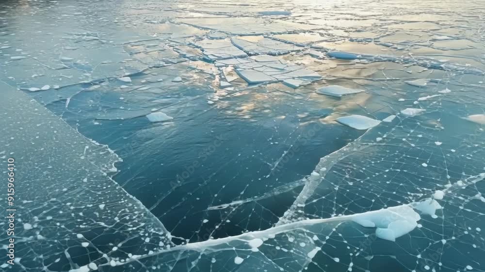 Aufkleber A slowmotion clip of a thin layer of ice on the rivers surface cracking and splitting into small pieces creating an intricate puzzlelike pattern on the water.